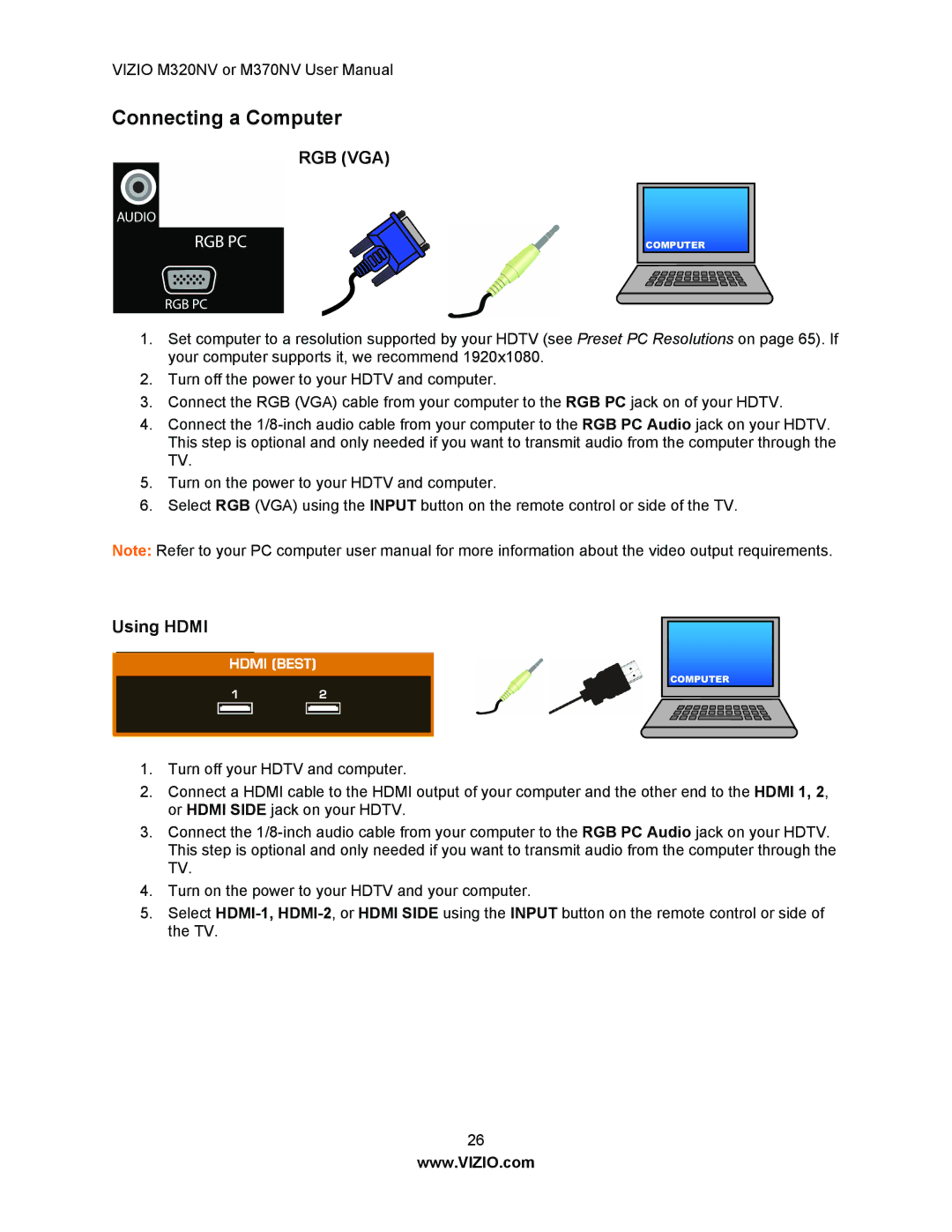 Vizio M370NV, M320NV manual Connecting a Computer, Using Hdmi 