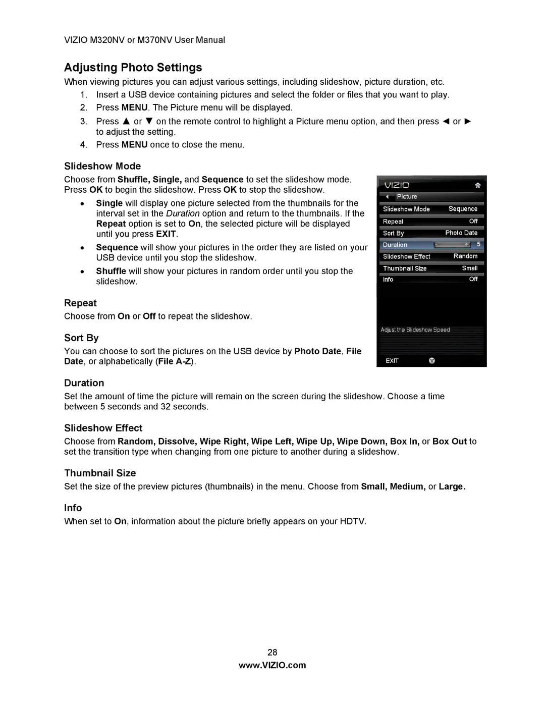 Vizio M370NV, M320NV manual Adjusting Photo Settings 