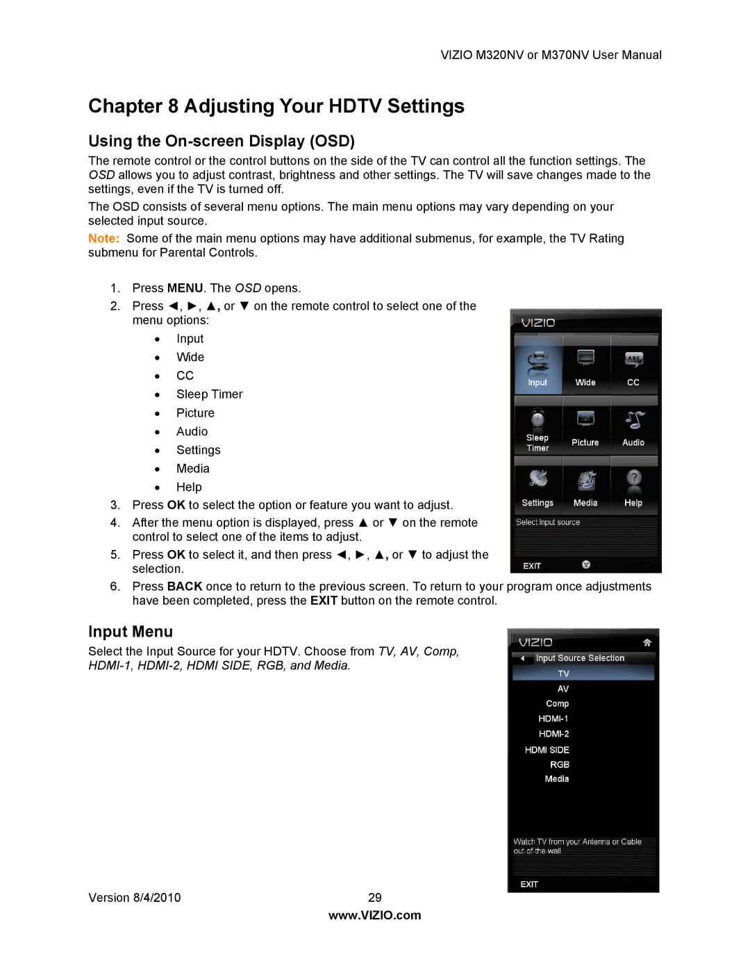 Vizio M320NV, M370NV manual Adjusting Your Hdtv Settings, Using the On-screen Display OSD, Input Menu 