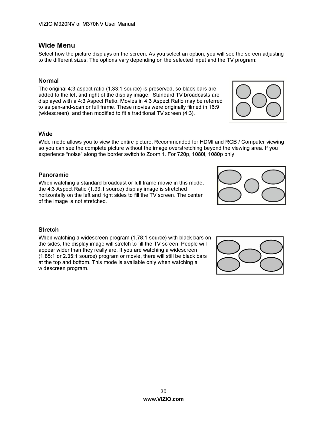 Vizio M370NV, M320NV manual Wide Menu, Normal, Panoramic, Stretch 