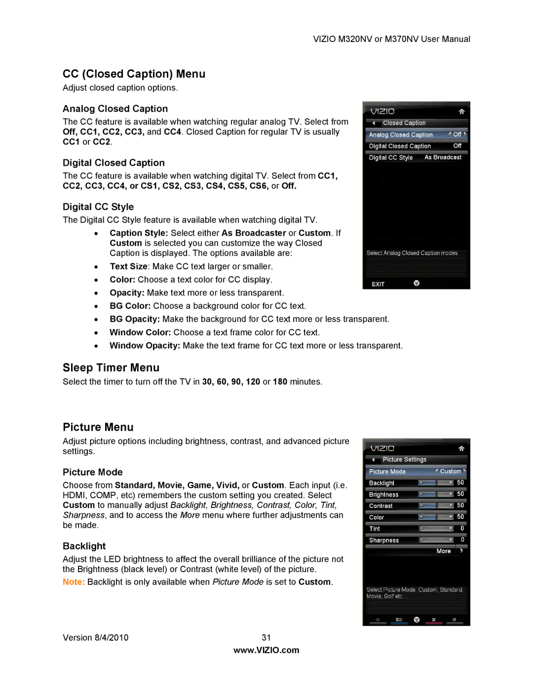 Vizio M320NV, M370NV manual CC Closed Caption Menu, Sleep Timer Menu, Picture Menu 