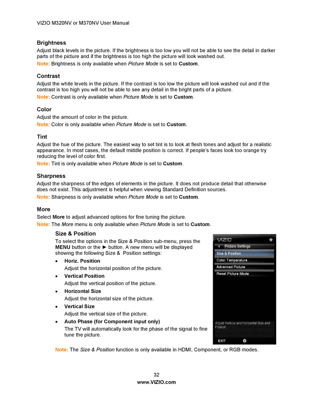 Vizio M370NV, M320NV manual Brightness, Contrast, Color, Tint, Sharpness, More, Size & Position 