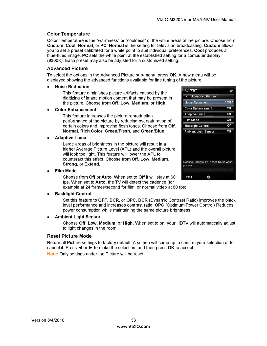 Vizio M320NV, M370NV manual Color Temperature, Advanced Picture, Reset Picture Mode 