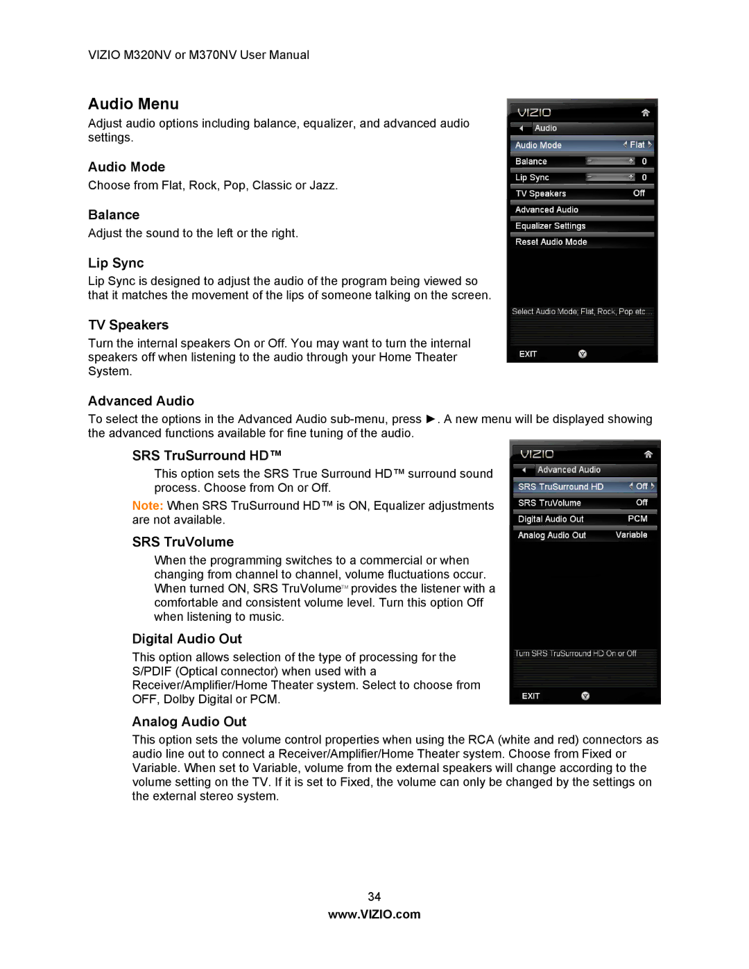 Vizio M370NV, M320NV manual Audio Menu 