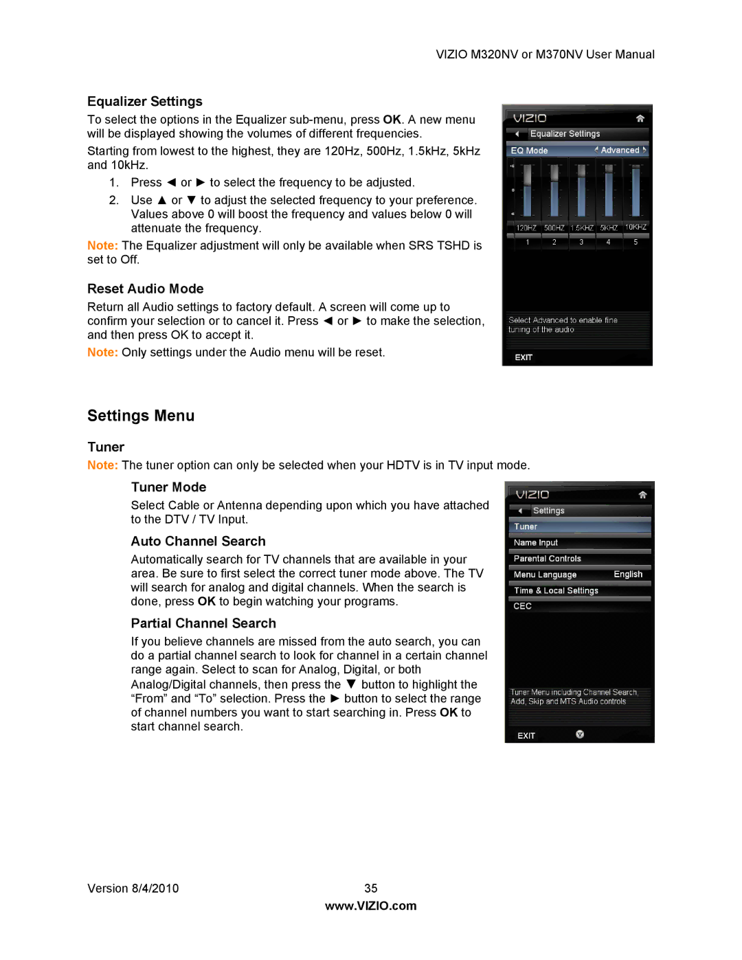 Vizio M320NV, M370NV manual Settings Menu 