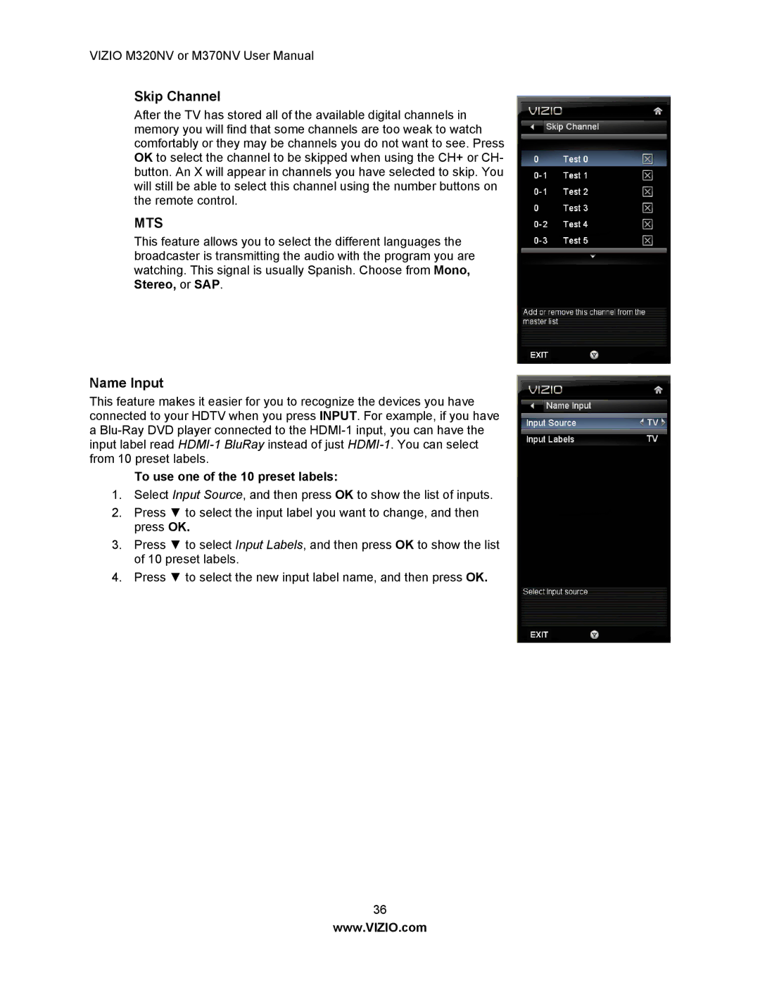 Vizio M370NV, M320NV manual Skip Channel, Name Input, To use one of the 10 preset labels 