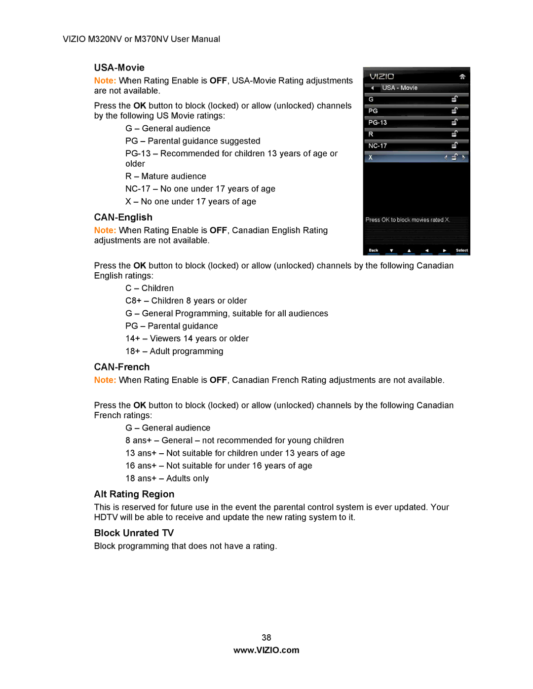 Vizio M370NV, M320NV manual USA-Movie, CAN-English, CAN-French, Alt Rating Region, Block Unrated TV 