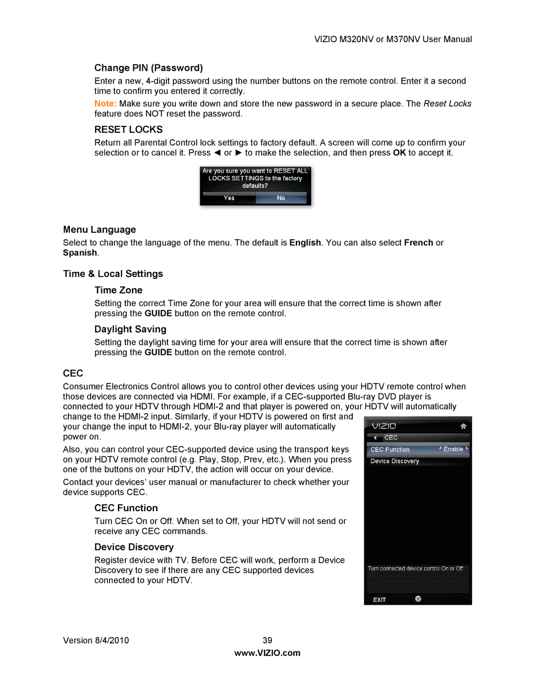 Vizio M320NV, M370NV Change PIN Password, Menu Language, Time & Local Settings Time Zone, Daylight Saving, CEC Function 