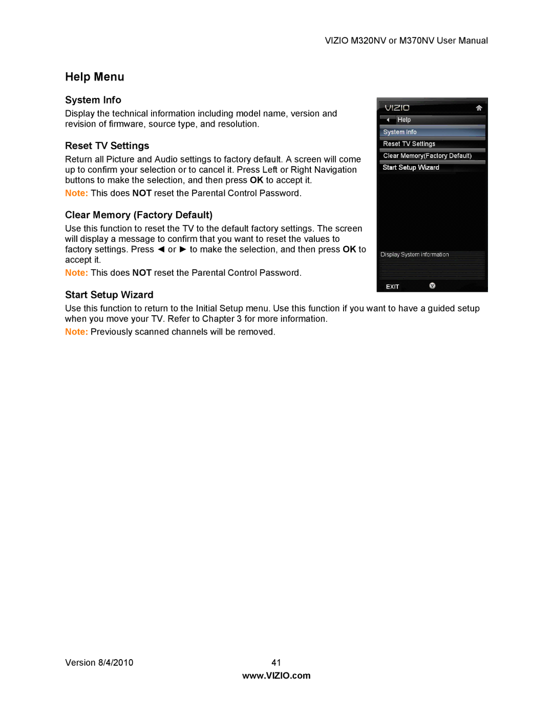 Vizio M320NV, M370NV manual Help Menu, System Info, Reset TV Settings, Clear Memory Factory Default, Start Setup Wizard 