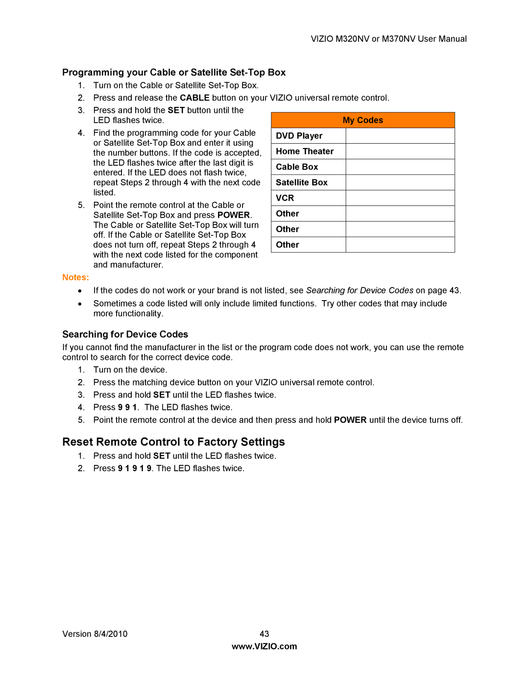 Vizio M320NV, M370NV manual Reset Remote Control to Factory Settings, Programming your Cable or Satellite Set-Top Box, Other 