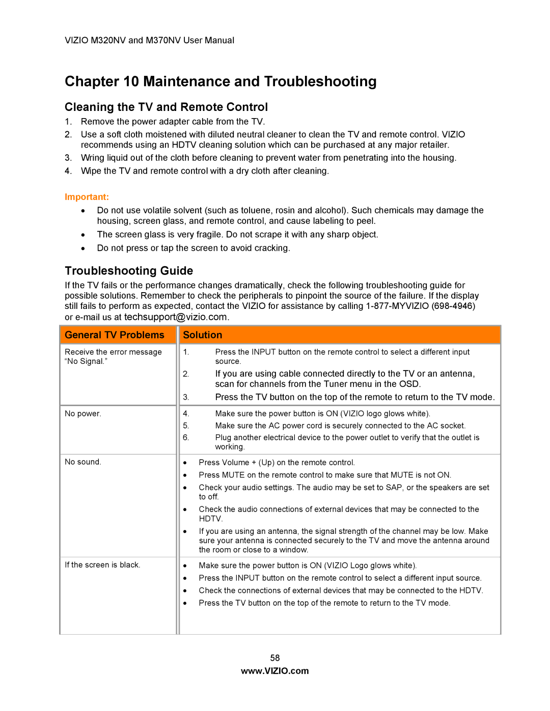 Vizio M370NV, M320NV Maintenance and Troubleshooting, Cleaning the TV and Remote Control, Troubleshooting Guide, Solution 