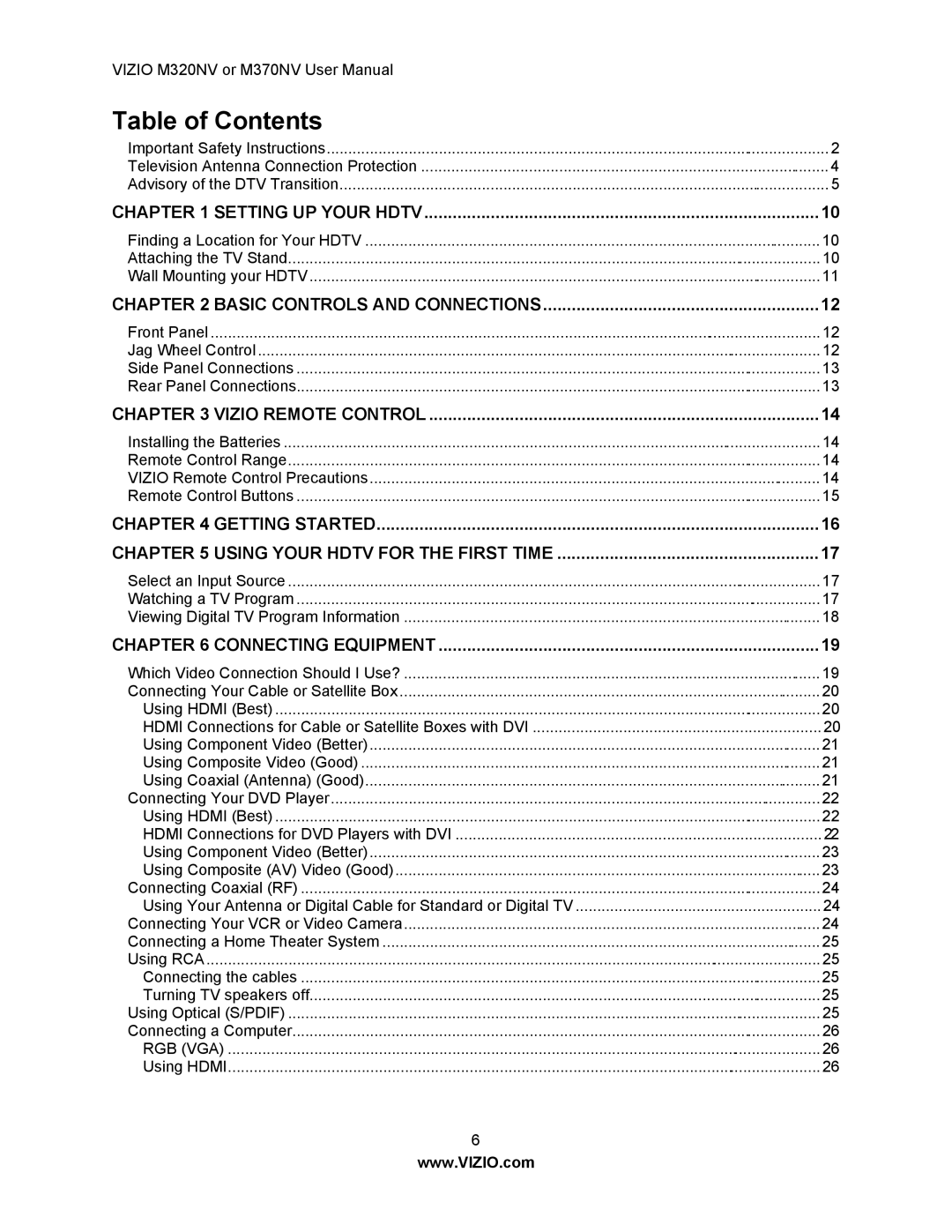 Vizio M370NV, M320NV manual Table of Contents 