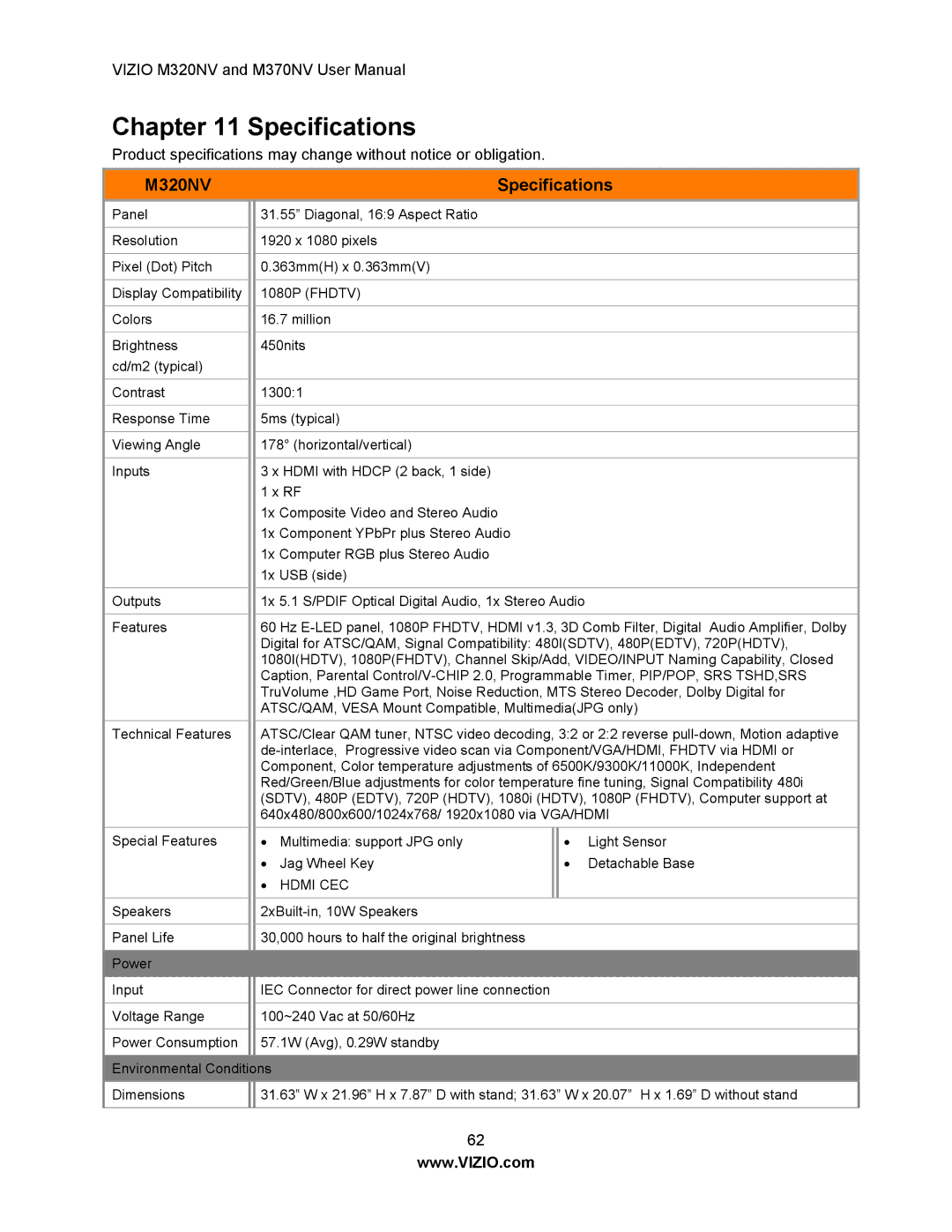 Vizio M370NV manual M320NV Specifications 