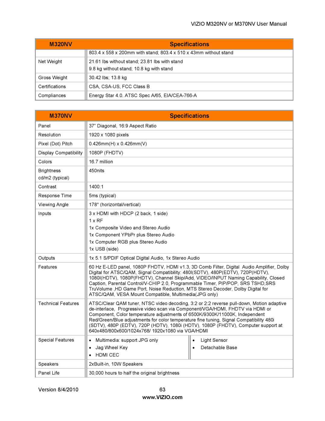 Vizio M320NV manual M370NV Specifications 