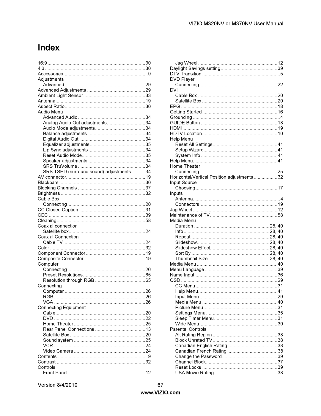 Vizio M320NV, M370NV manual Index, Cec 