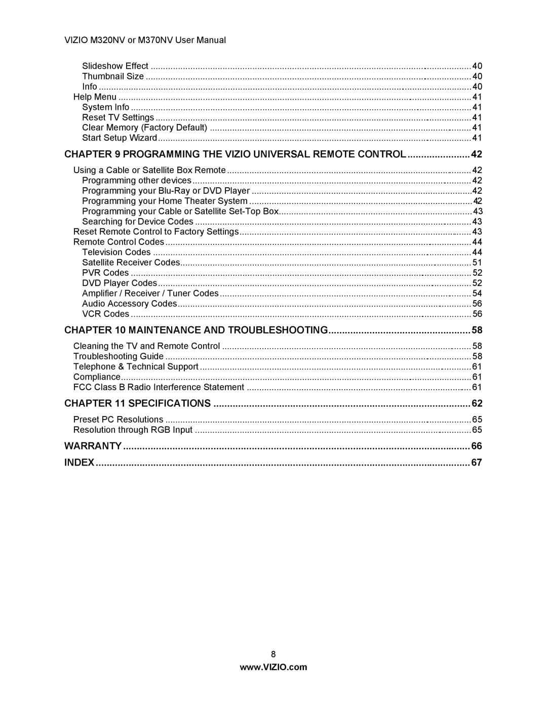 Vizio M370NV, M320NV manual Specifications 