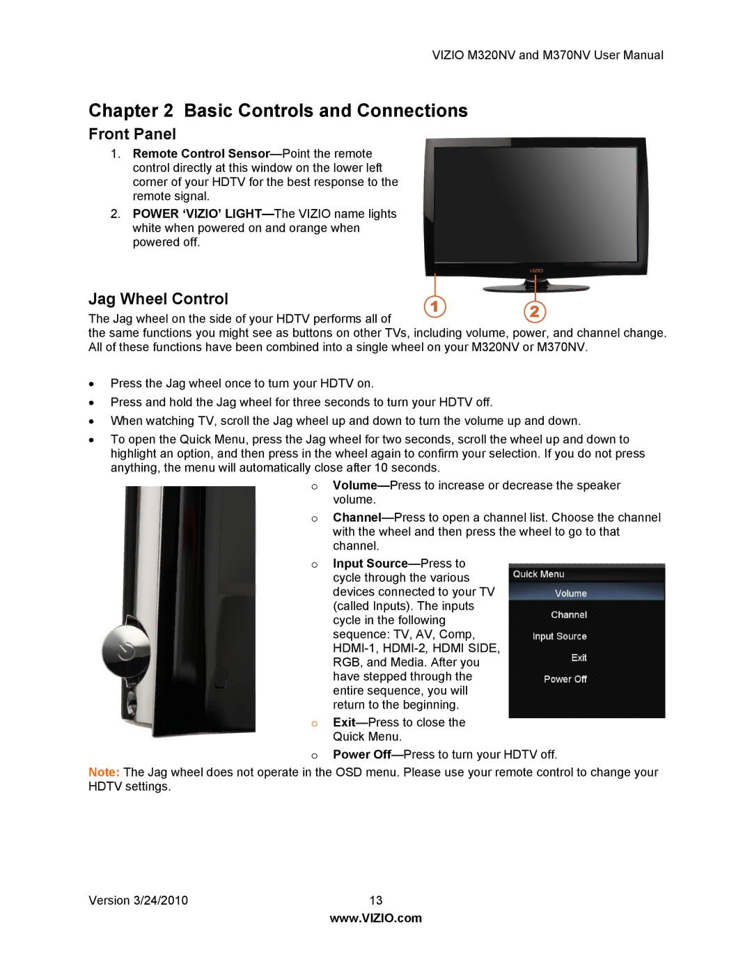 Vizio M320NV, M370NV manual Front Panel, Jag Wheel Control 