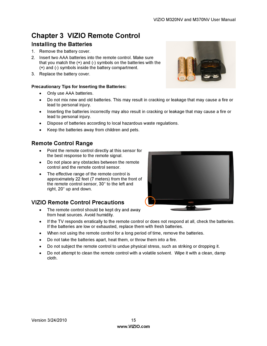 Vizio M320NV, M370NV manual Installing the Batteries, Remote Control Range, Vizio Remote Control Precautions 