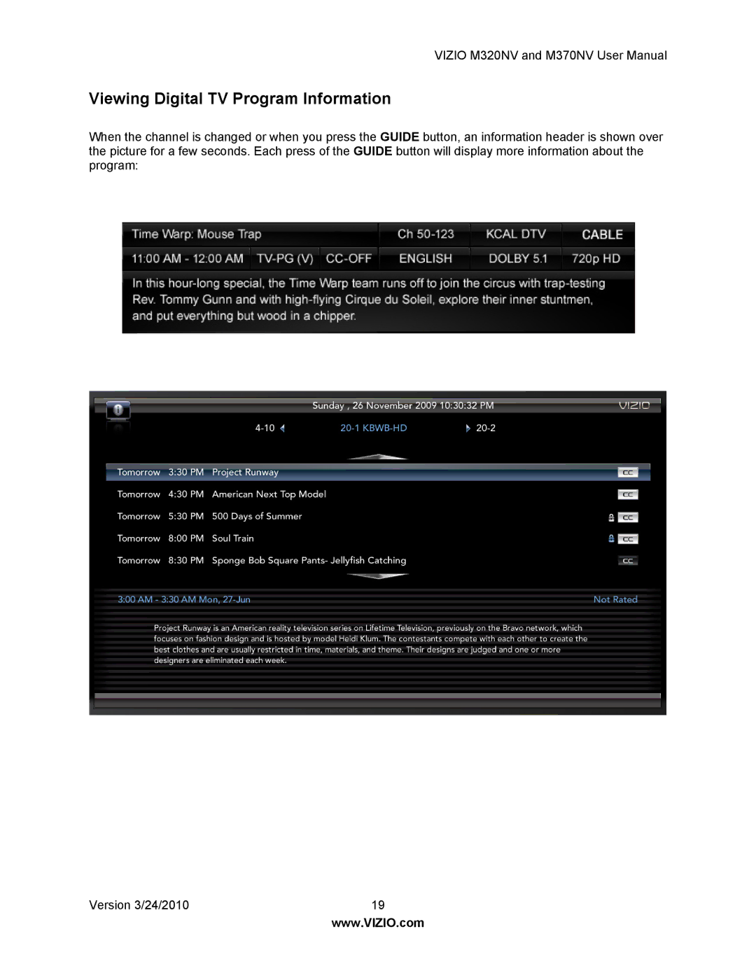 Vizio M320NV, M370NV manual Viewing Digital TV Program Information 