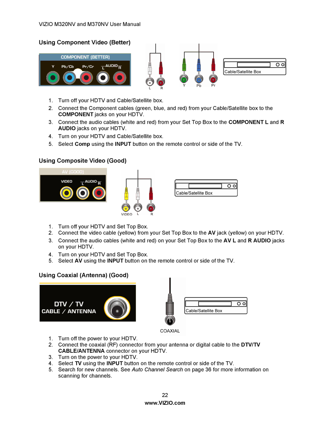 Vizio M370NV, M320NV manual Using Component Video Better, Using Composite Video Good, Using Coaxial Antenna Good 