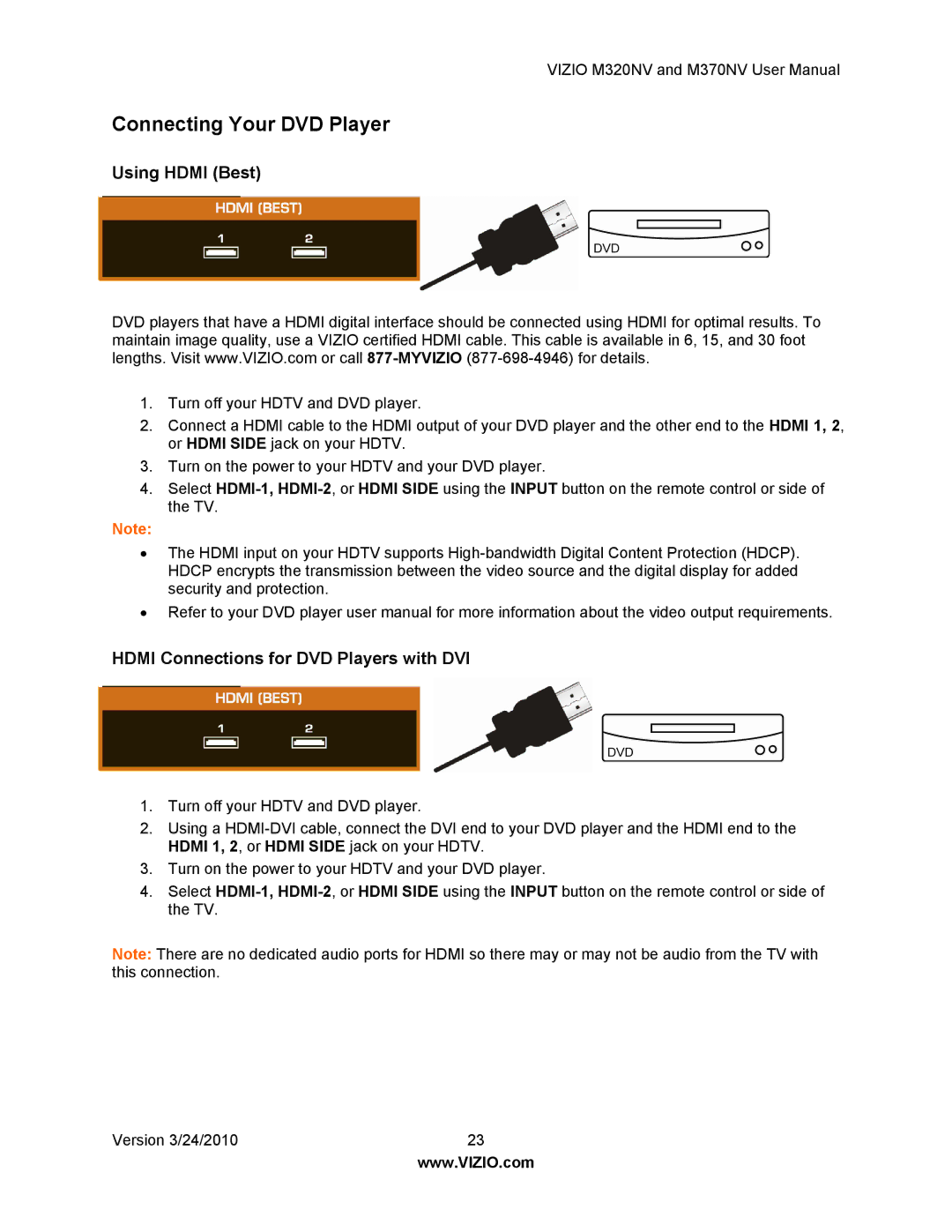 Vizio M320NV, M370NV manual Connecting Your DVD Player, Hdmi Connections for DVD Players with DVI 