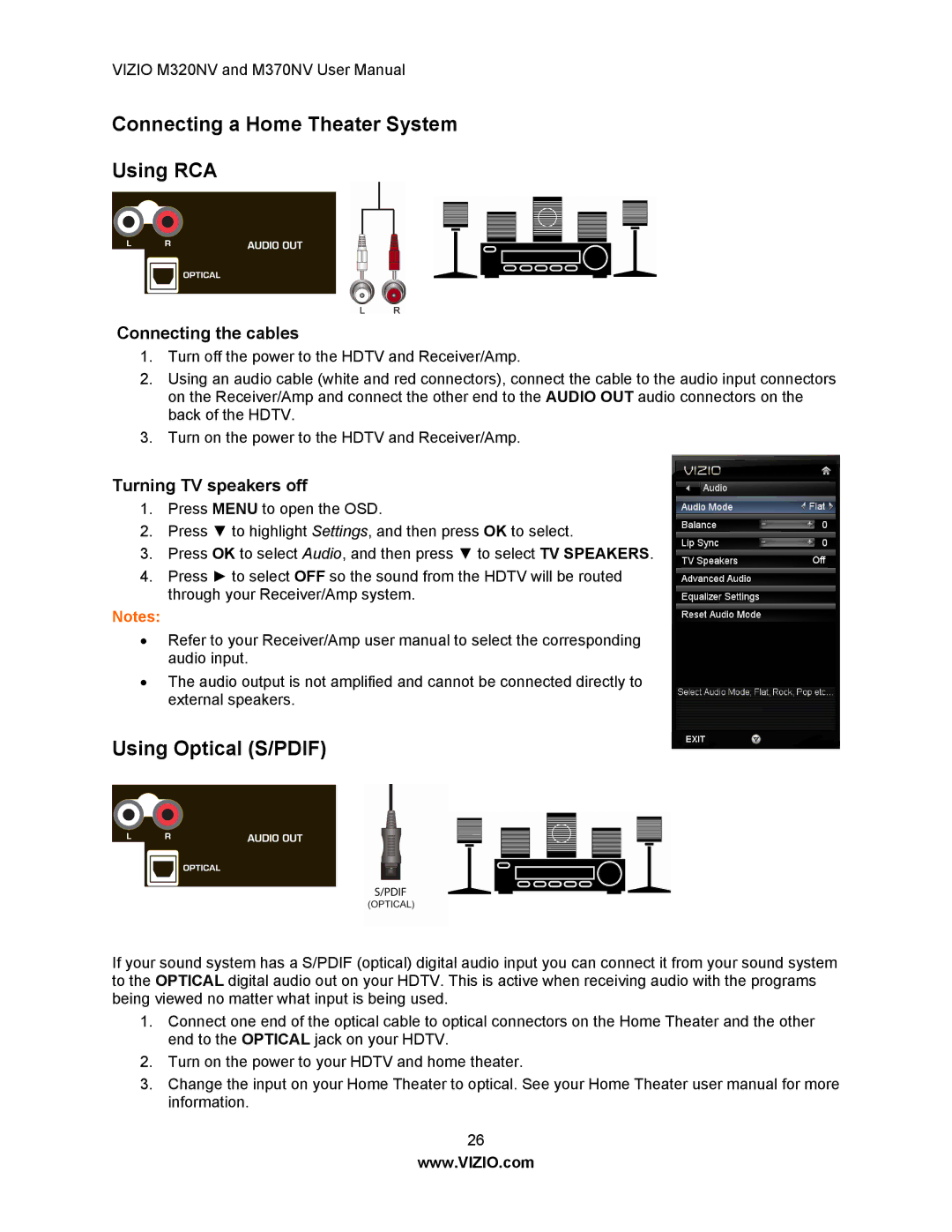 Vizio M370NV, M320NV manual Connecting a Home Theater System Using RCA, Using Optical S/PDIF, Connecting the cables 