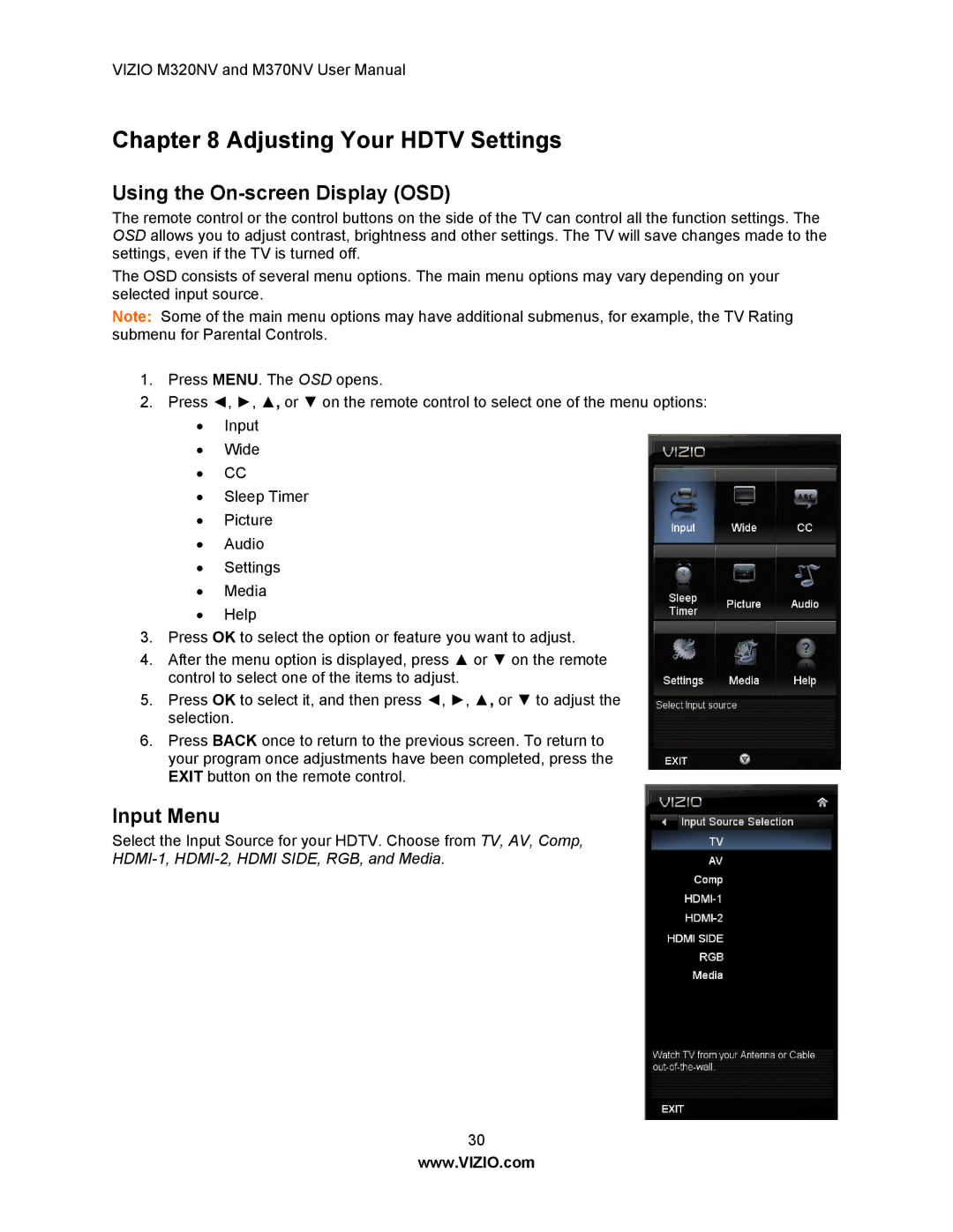 Vizio M370NV, M320NV manual Using the On-screen Display OSD, Input Menu 