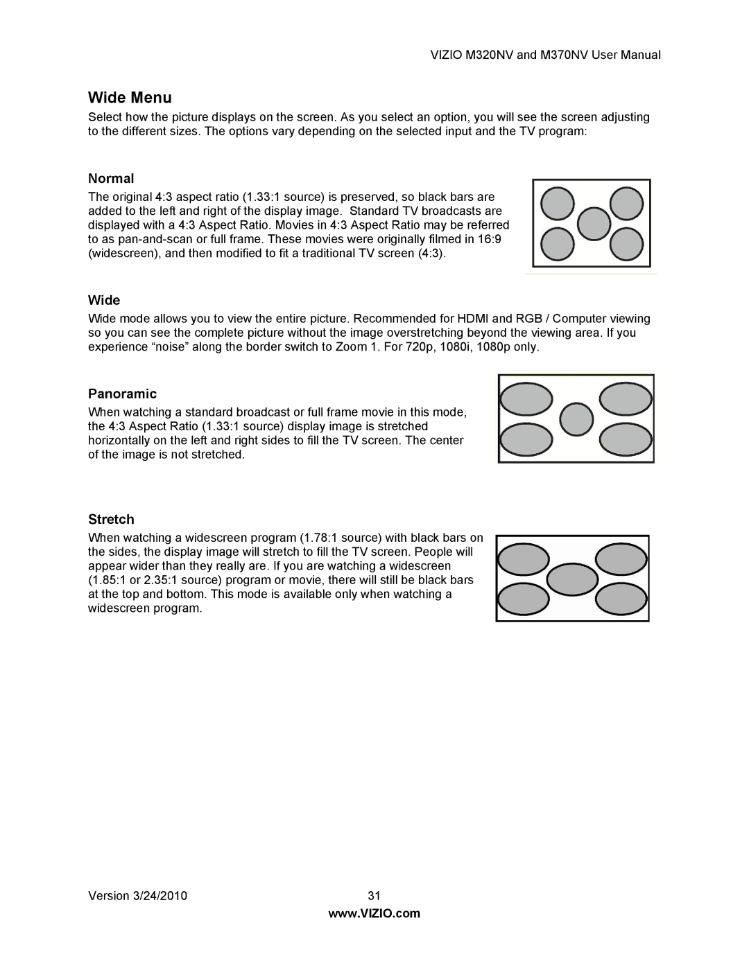 Vizio M320NV, M370NV manual Wide Menu, Normal, Panoramic, Stretch 
