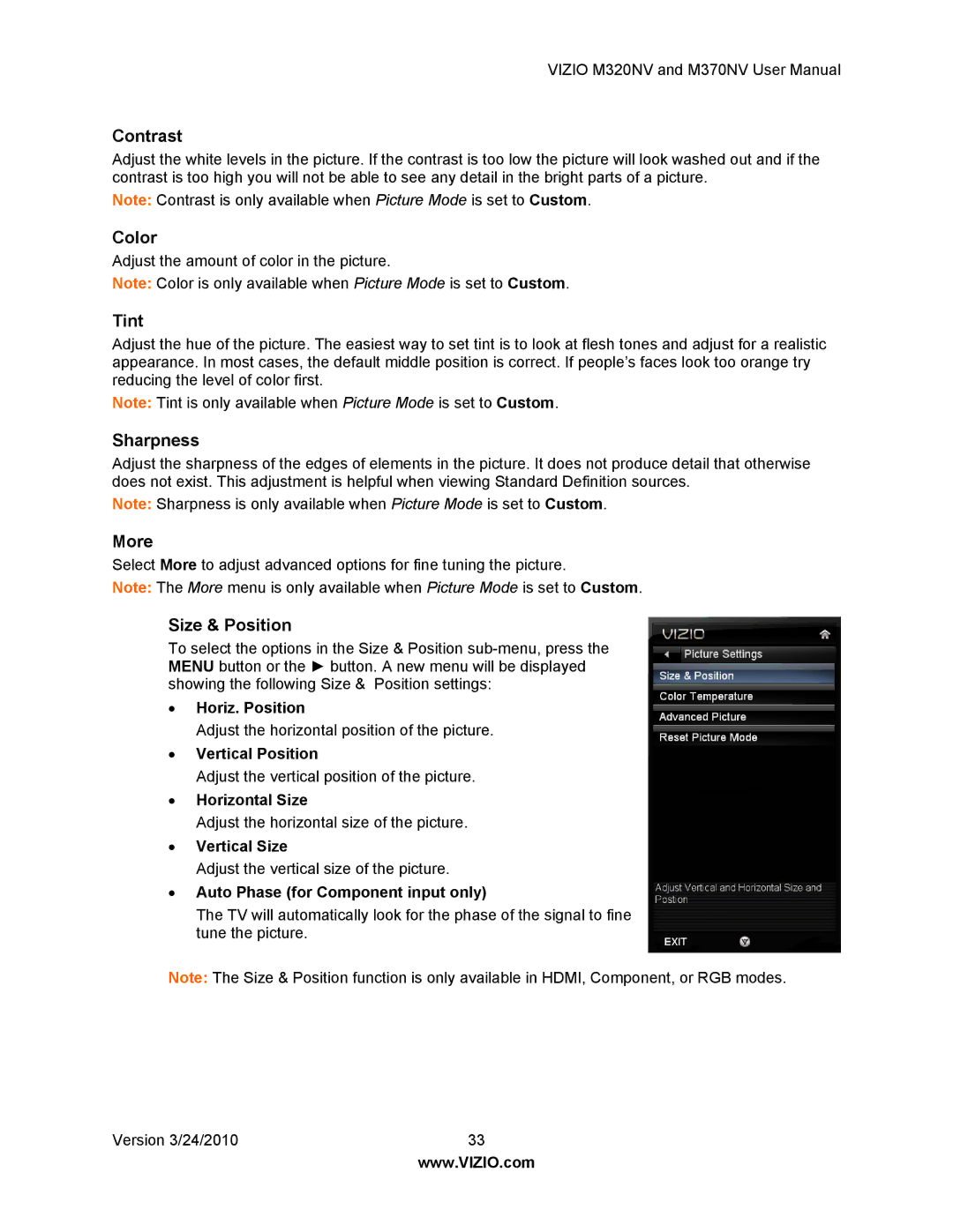 Vizio M320NV, M370NV manual Contrast, Color, Tint, Sharpness, More, Size & Position 
