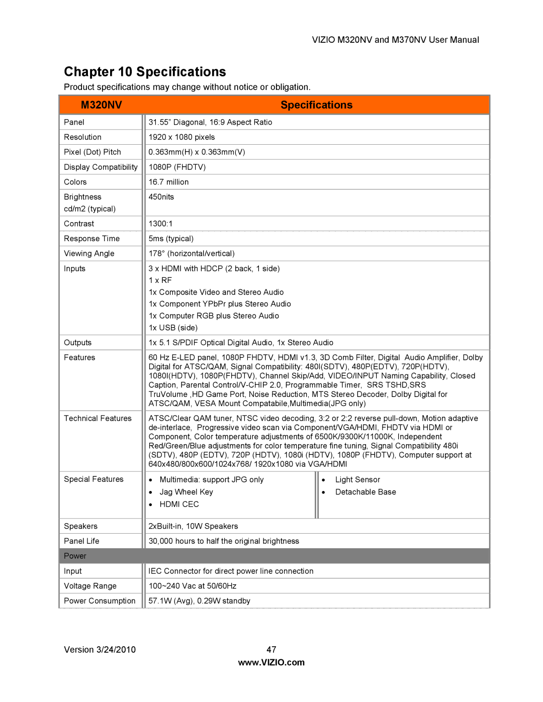 Vizio M320NV, M370NV manual Specifications 