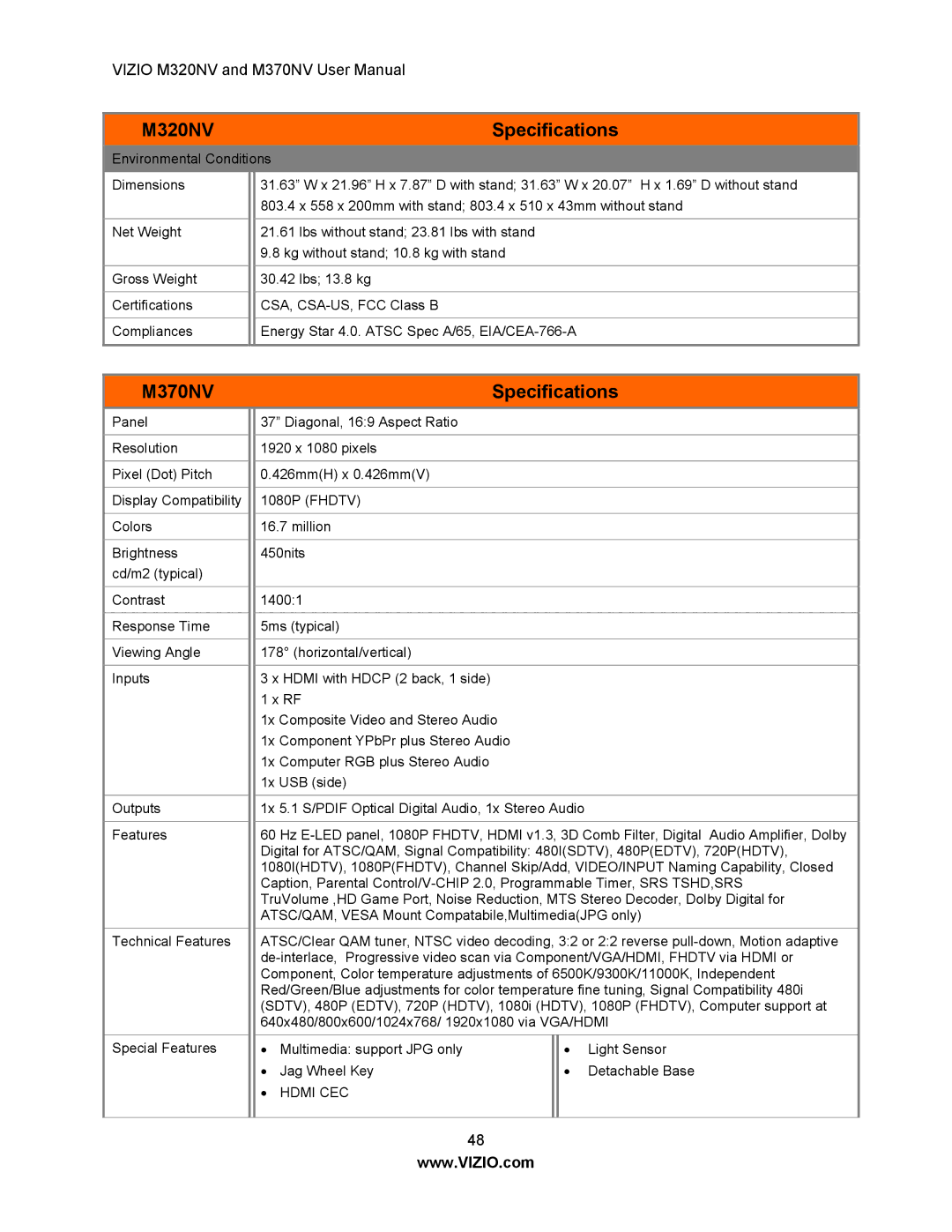 Vizio M320NV manual M370NV Specifications 