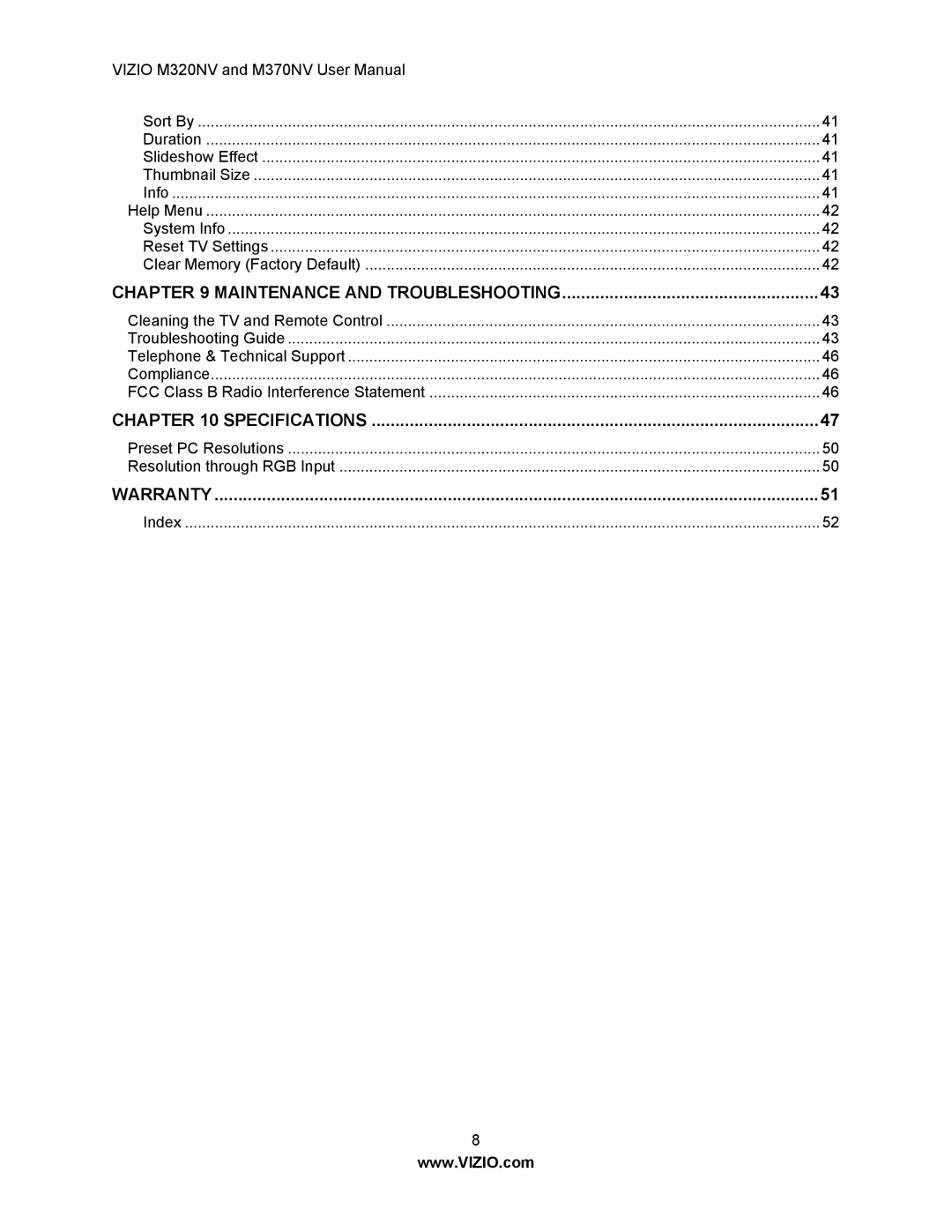 Vizio M370NV, M320NV manual Specifications 