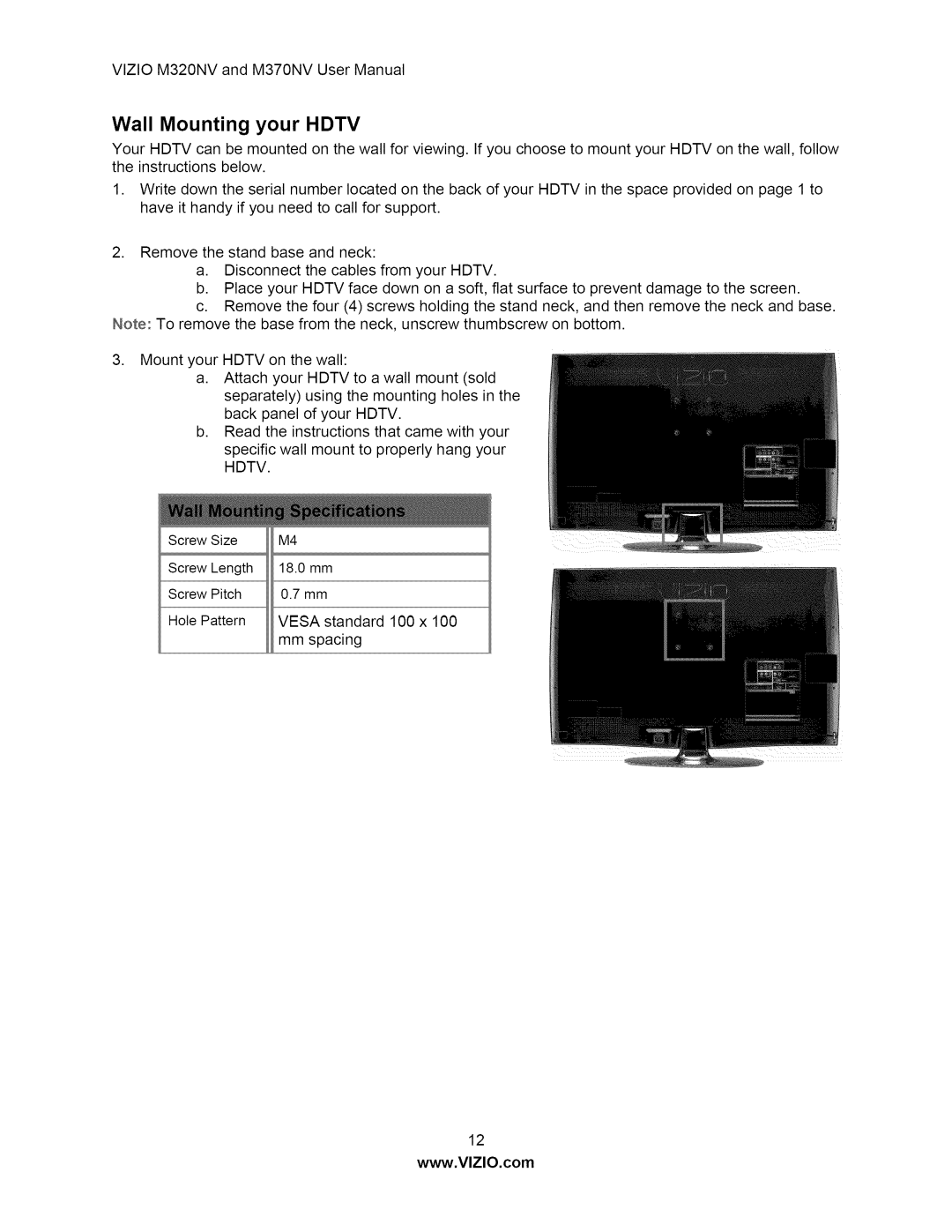 Vizio M370NV user manual Wall Mounting your Hdtv 