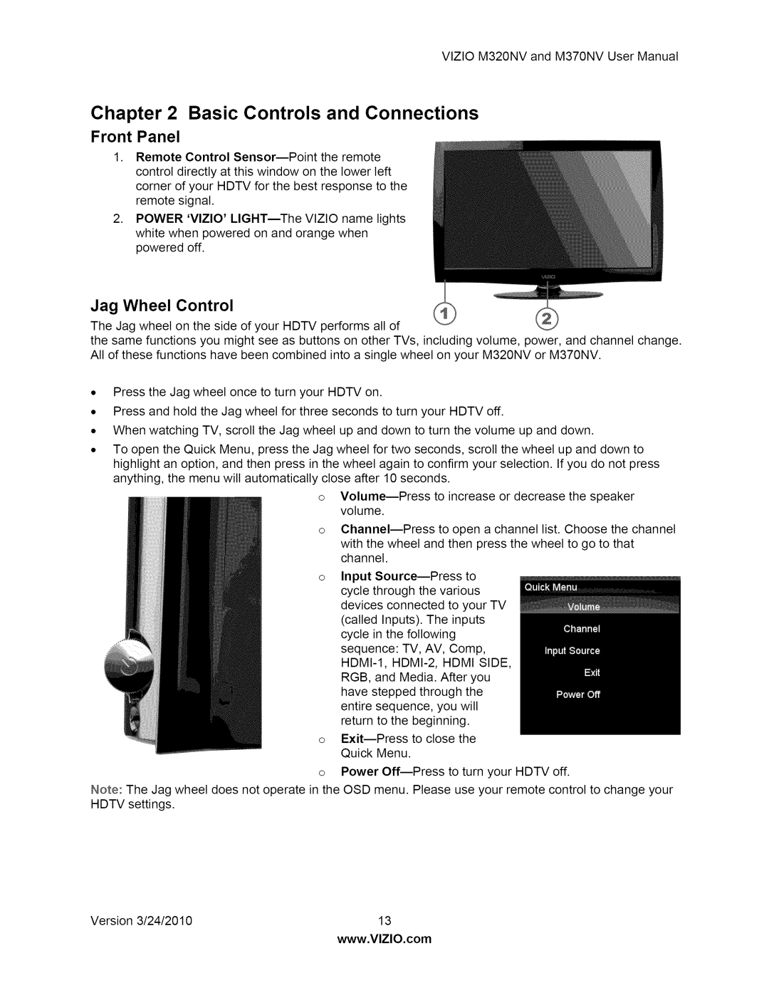 Vizio M370NV user manual Front Panel, Jag Wheel Control 