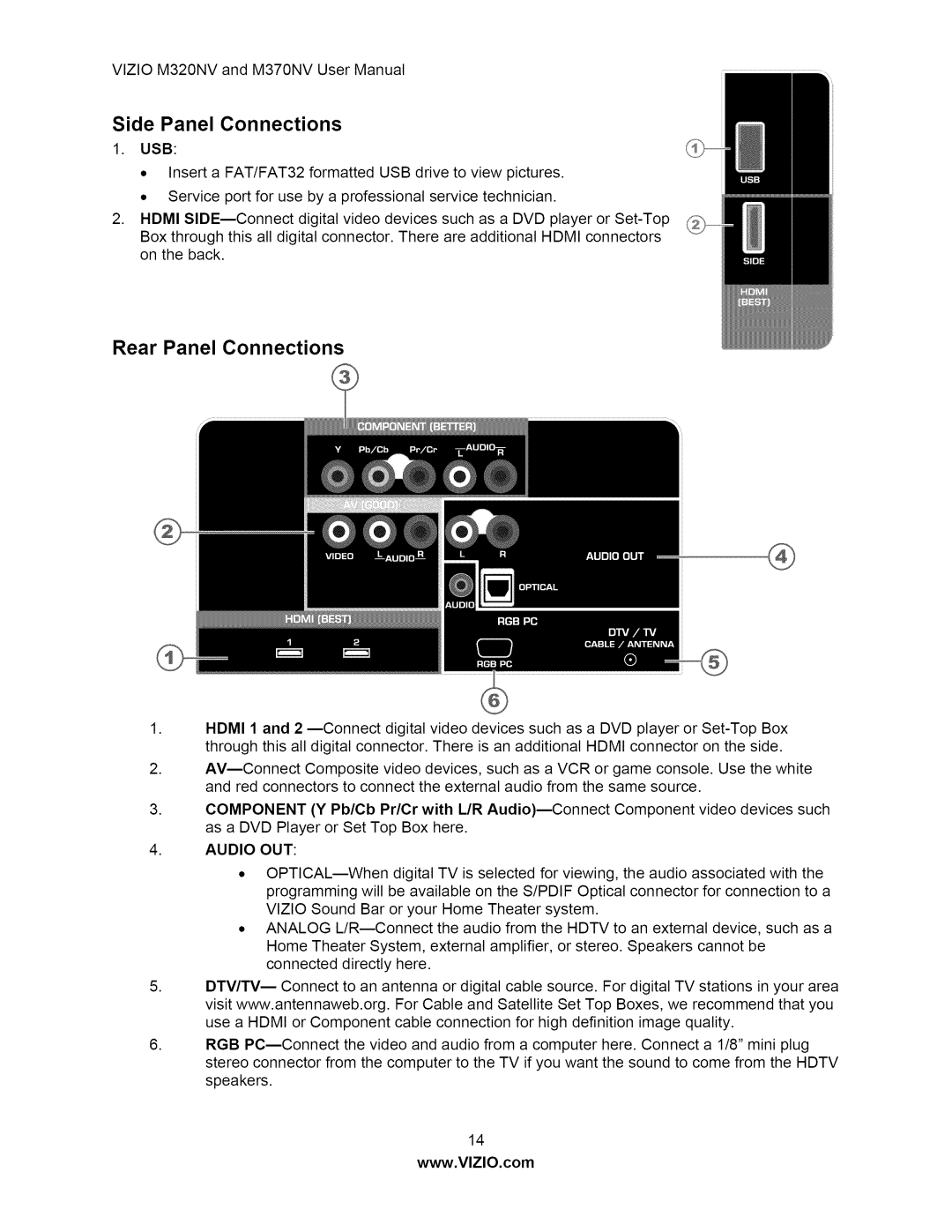 Vizio M370NV user manual Side Panel Connections, Rear Panel Connections, Usb, Audio OUT 