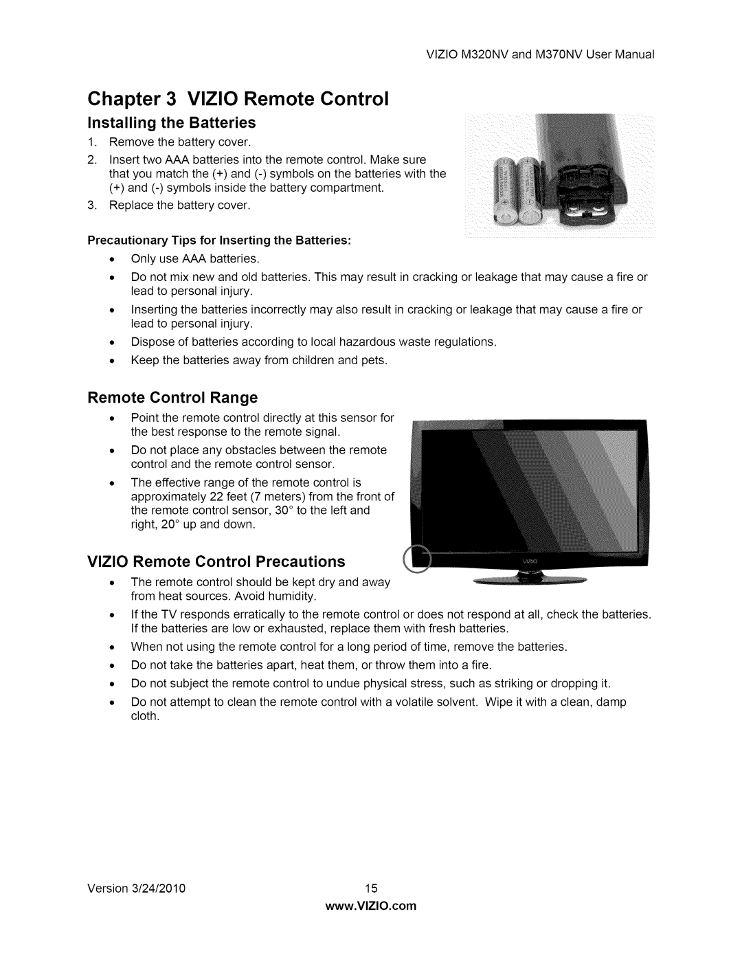 Vizio M370NV user manual Installing the Batteries, Remote Control Range, VlZIO Remote Control Precautions 