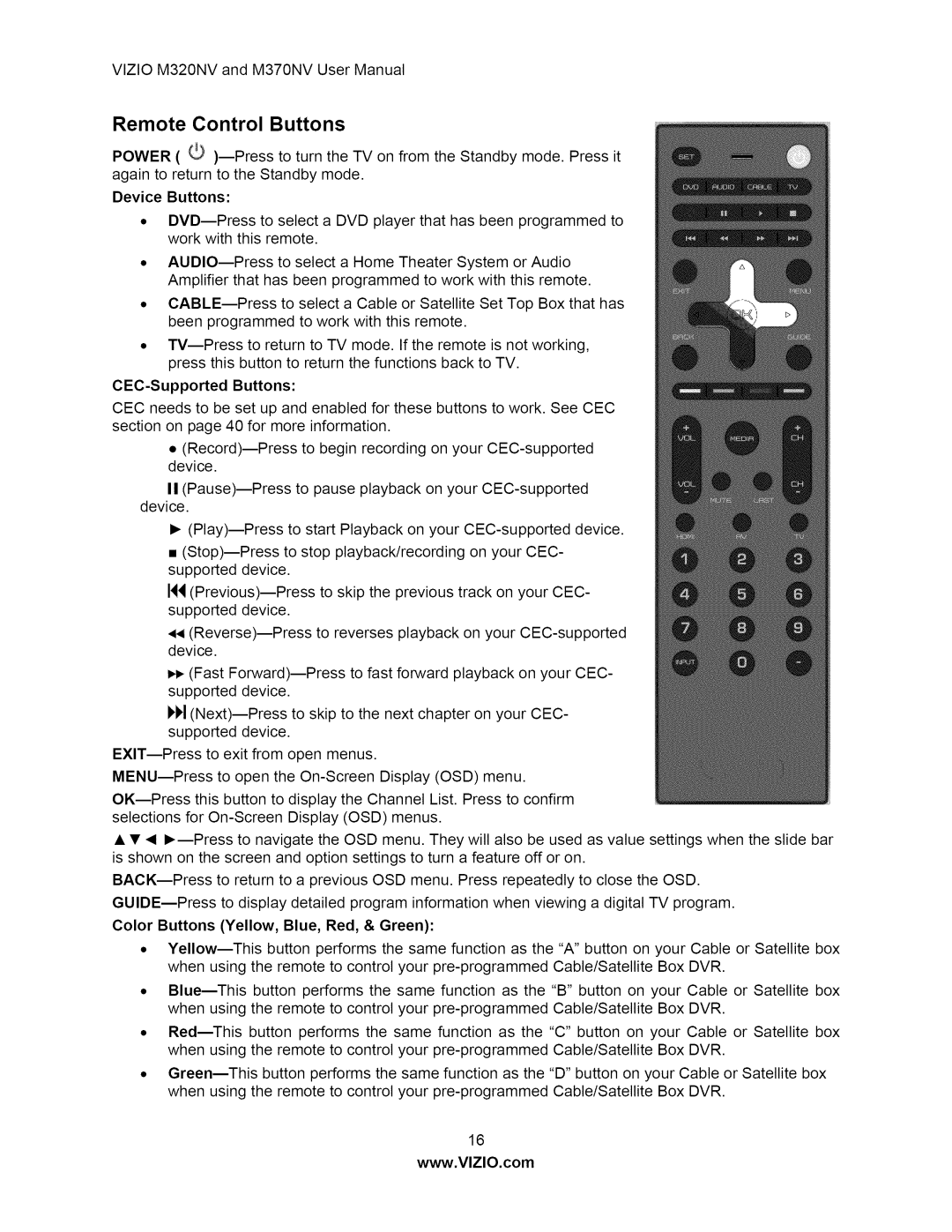 Vizio M370NV user manual Remote Control Buttons, CEC-Supported Buttons 