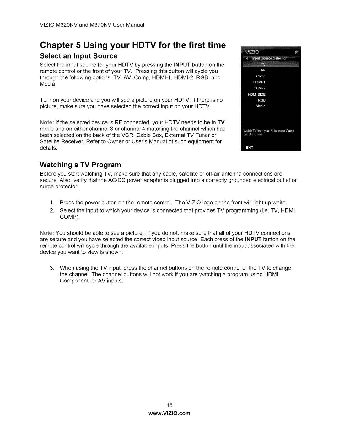 Vizio M370NV user manual Select an Input Source, Watching a TV Program 