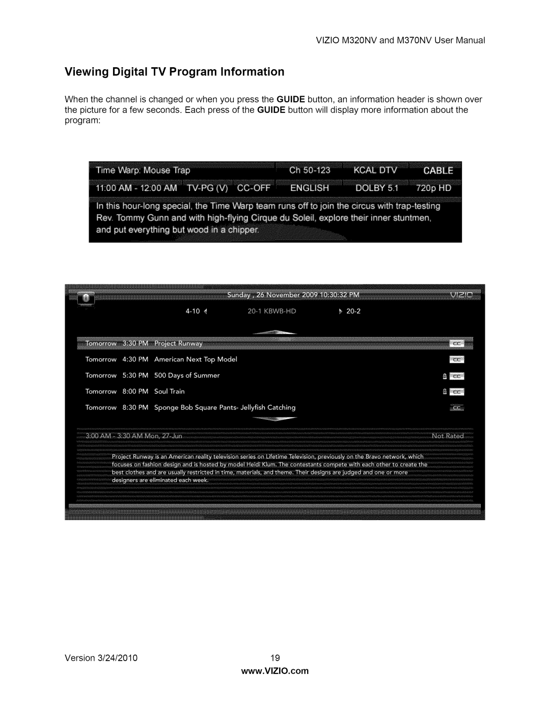 Vizio M370NV user manual Viewing Digital TV Program Information 