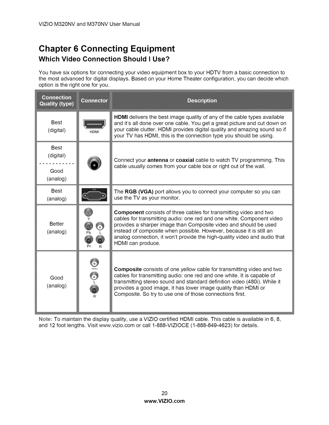 Vizio M370NV user manual Connecting Equipment, Which Video Connection Should I Use? 