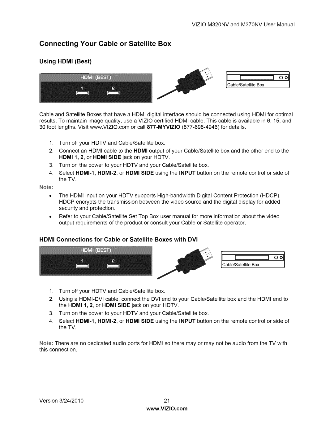 Vizio M370NV user manual Connecting Your Cable or Satellite Box, Using Hdmi Best 