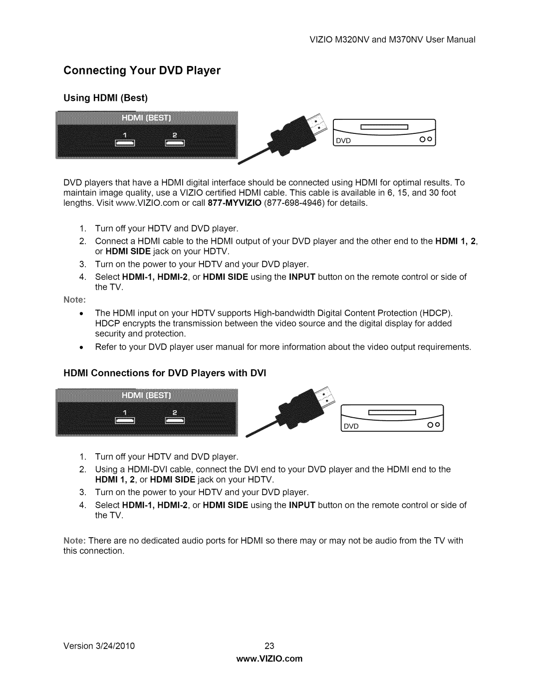 Vizio M370NV user manual Connecting Your DVD Player, Hdmi Connections for DVD Players with DVI 