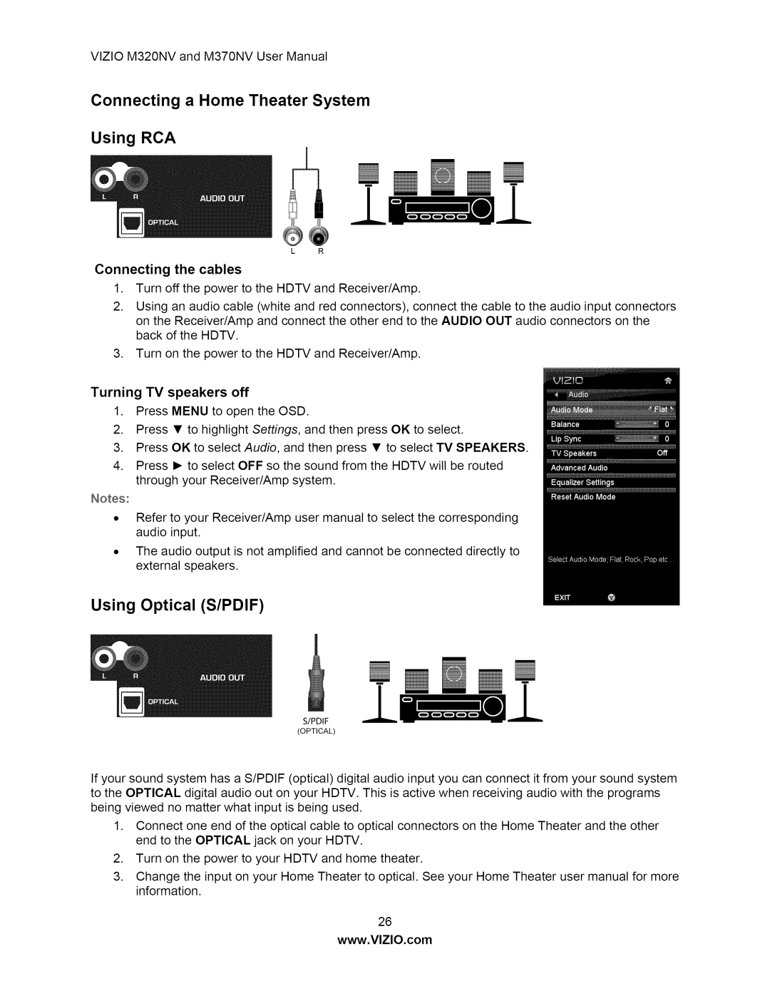 Vizio M370NV user manual Connecting a Home Theater System Using RCA, Using Optical S/PDIF, Connecting the cables 