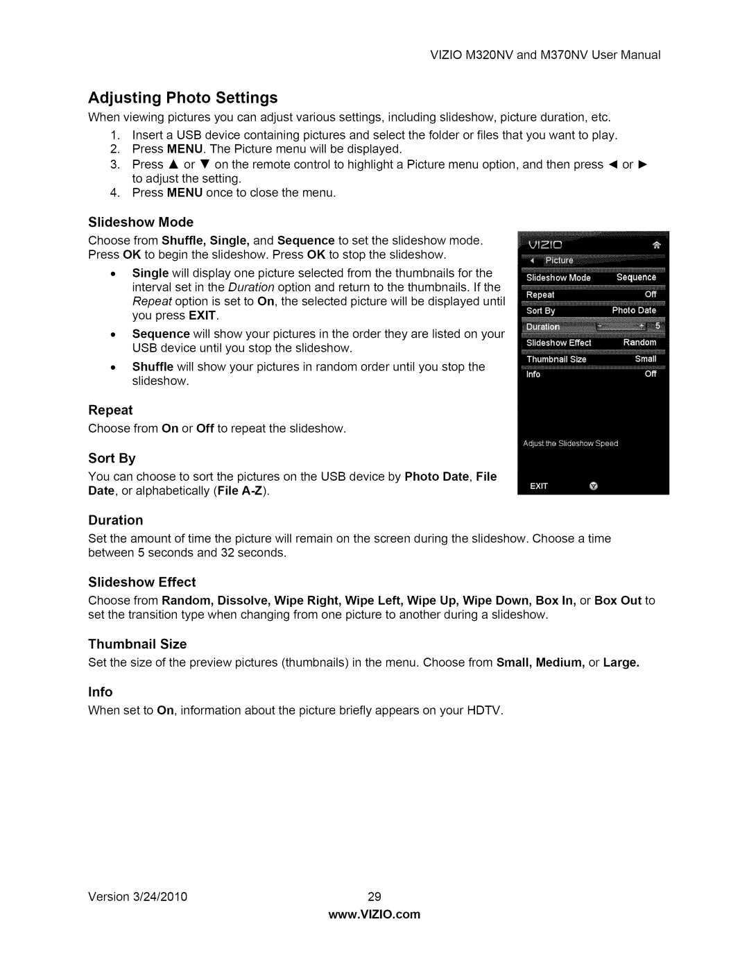 Vizio M370NV user manual Adjusting Photo Settings 