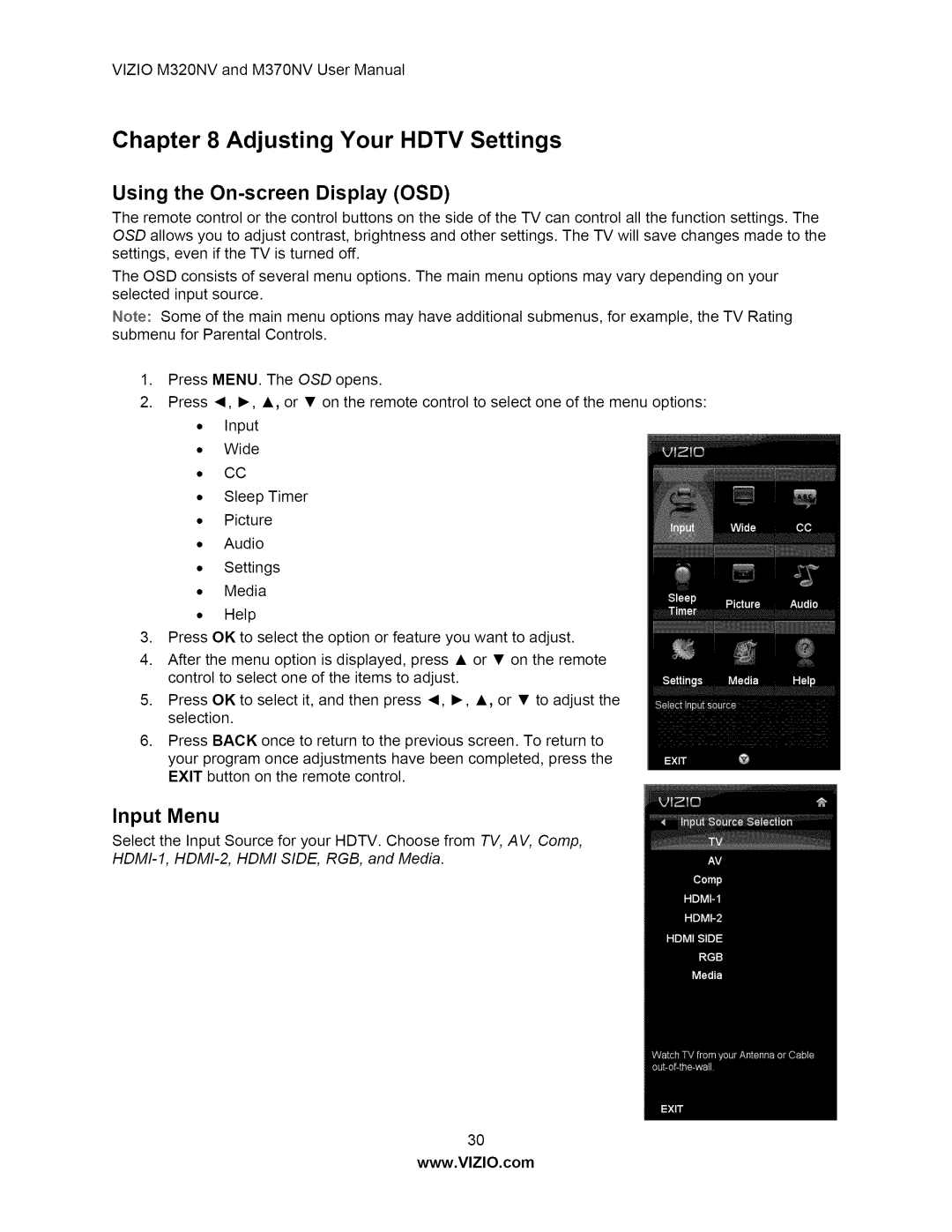 Vizio M370NV user manual Using the On-screen Display OSD, Input Menu 