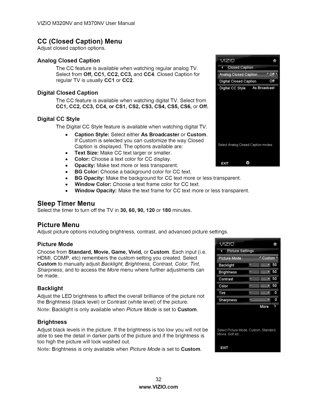 Vizio M370NV user manual CC Closed Caption Menu, Sleep Timer Menu, Picture Menu, Digital CC Style, Picture Mode 