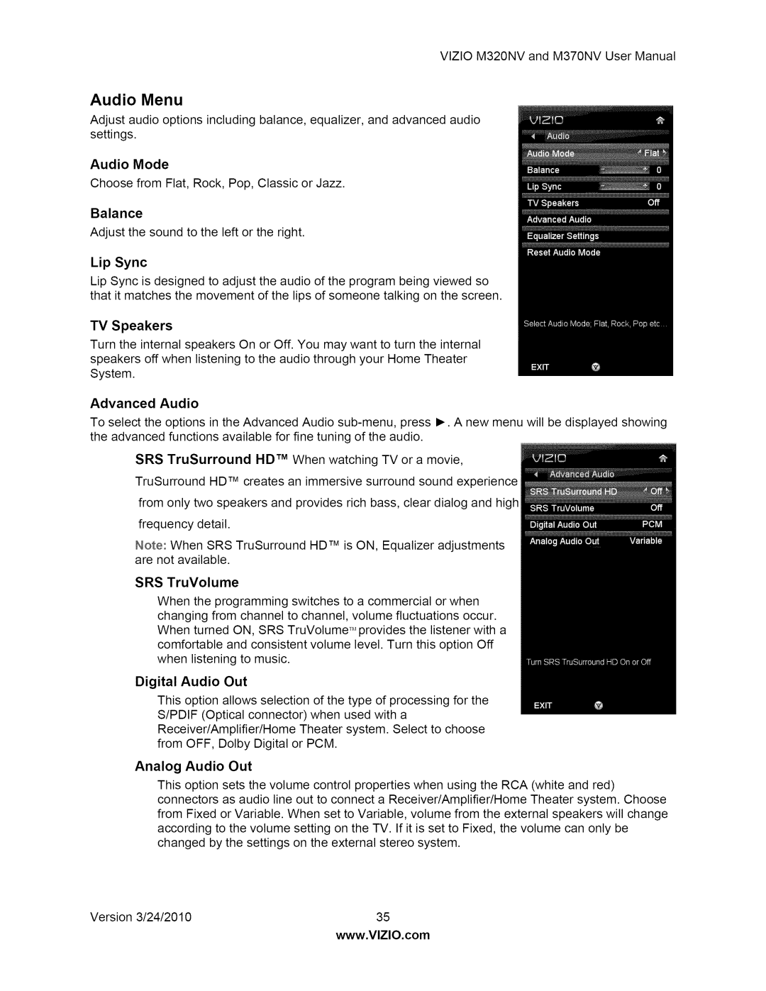 Vizio M370NV user manual Audio Menu, Audio Mode, TV Speakers, Advanced Audio, Digital Audio Out 