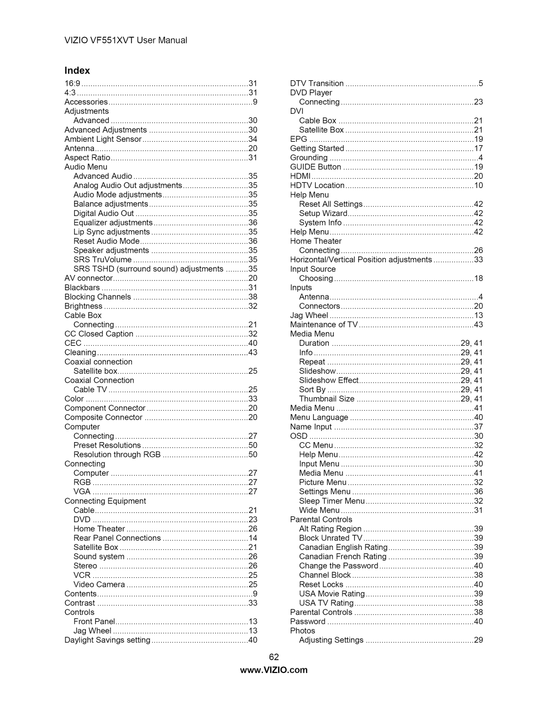 Vizio M370NV user manual VlZIOVF551XVTUserManual, Index 