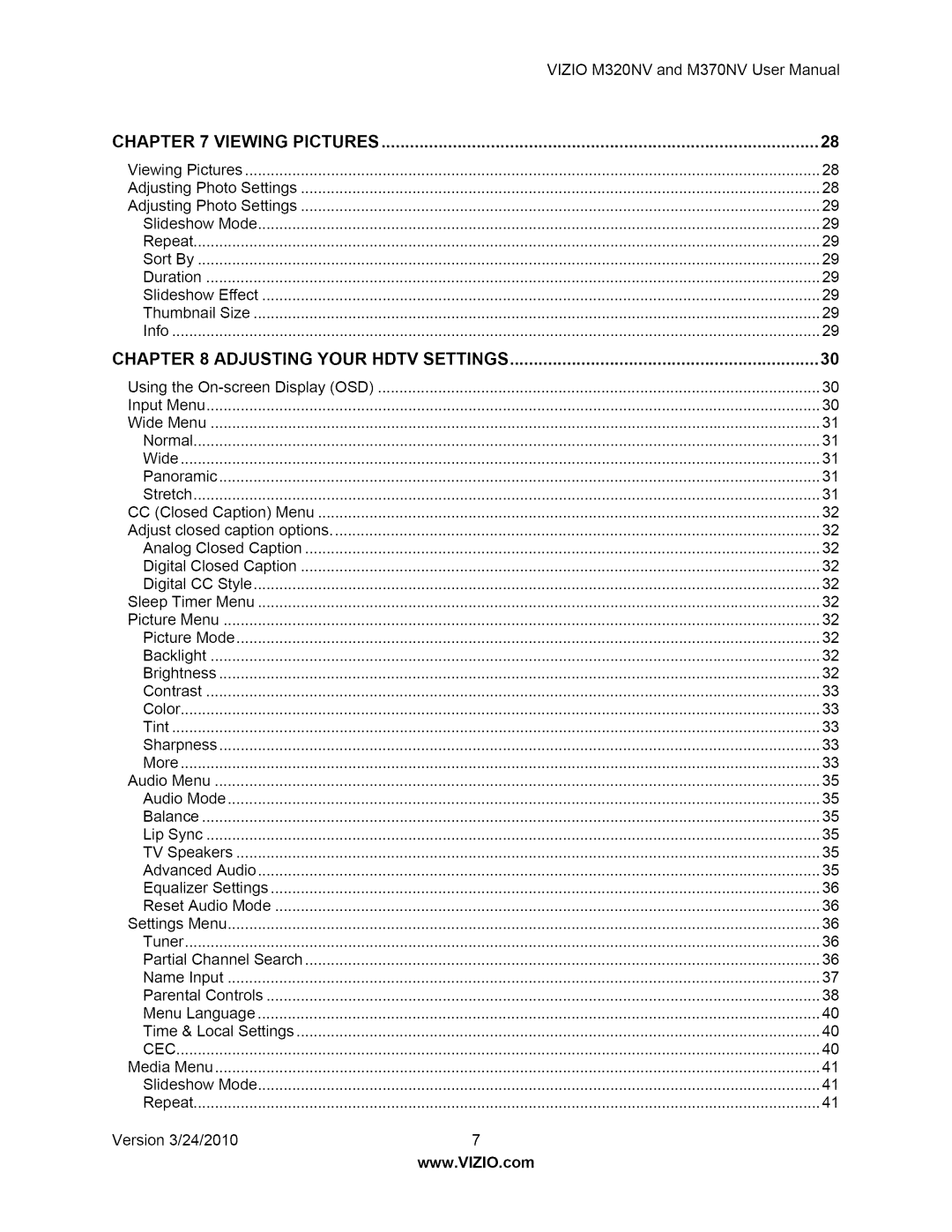 Vizio M370NV user manual Chapter Viewing Pictures, Chapter Adjusting Your Hdtv, Settings 