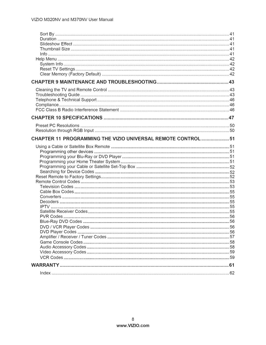 Vizio M370NV user manual Maintenance, Programming 